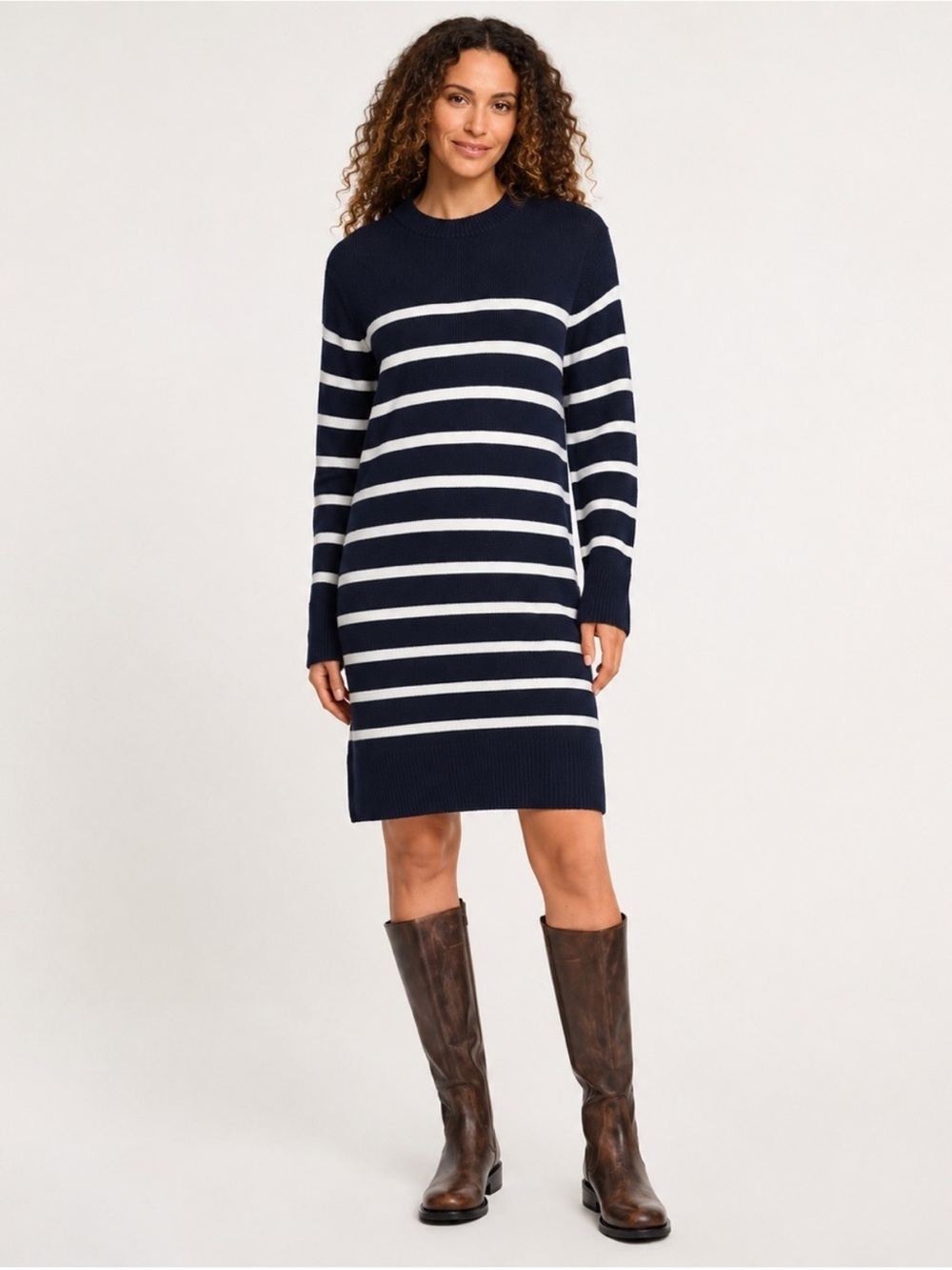 Lands' End Navy and White Striped Sweater Dress